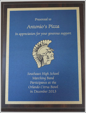 Picture of a placque awarded to Antonio's Pizza for continued Community Involvement